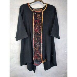 Leopards & Roses Embroidered Spiral Tunic Women's XL Lace Up Back Boho Hippie